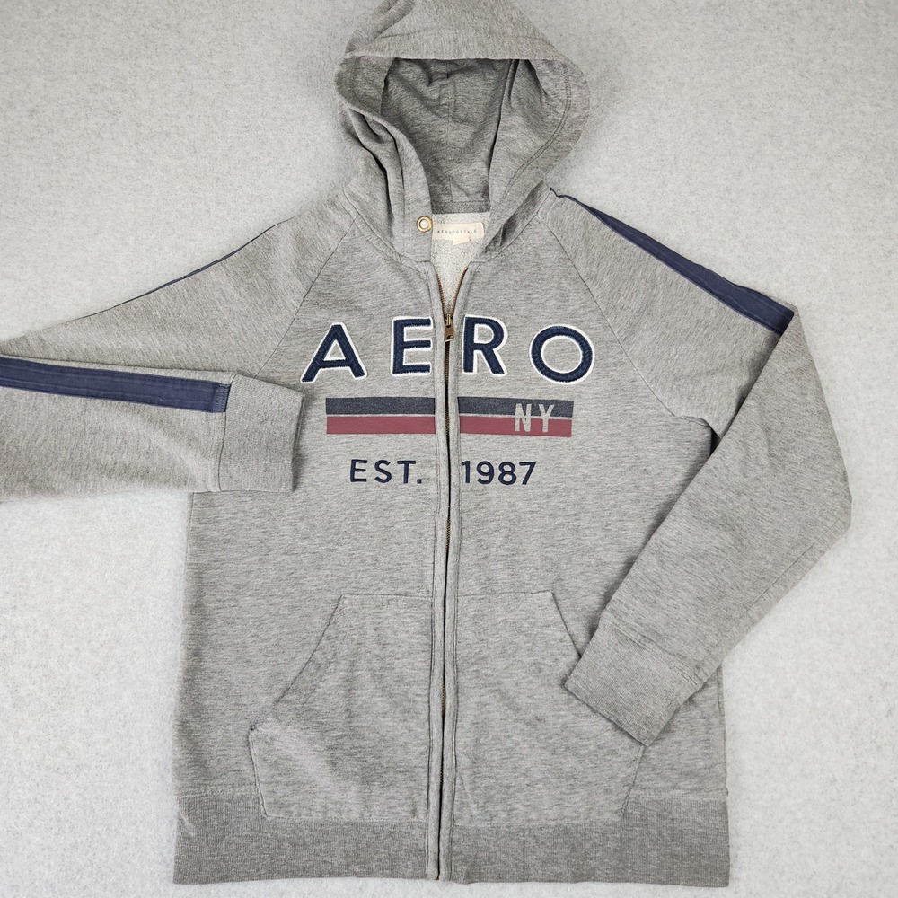 Aeropostale Hoodie Mens M Gray Full Zip Graphic Logo‎ Stripe Sweatshirt RN154379